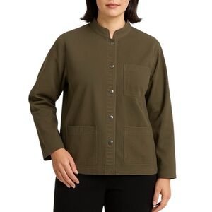 EILEEN FISHER Organic Cotton Mandarin Collar Olive Green Utility Shacket